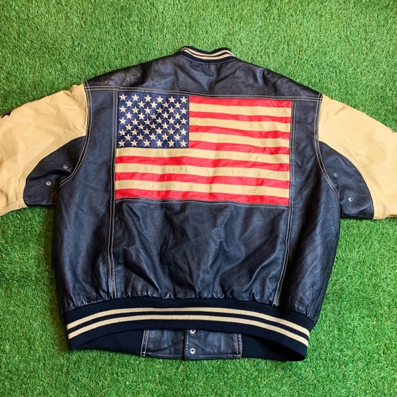 RARE Vintage Michael Hoban Where MI Budweiser USA Flag Leather Bomber Jacket - Picture 2 of 12